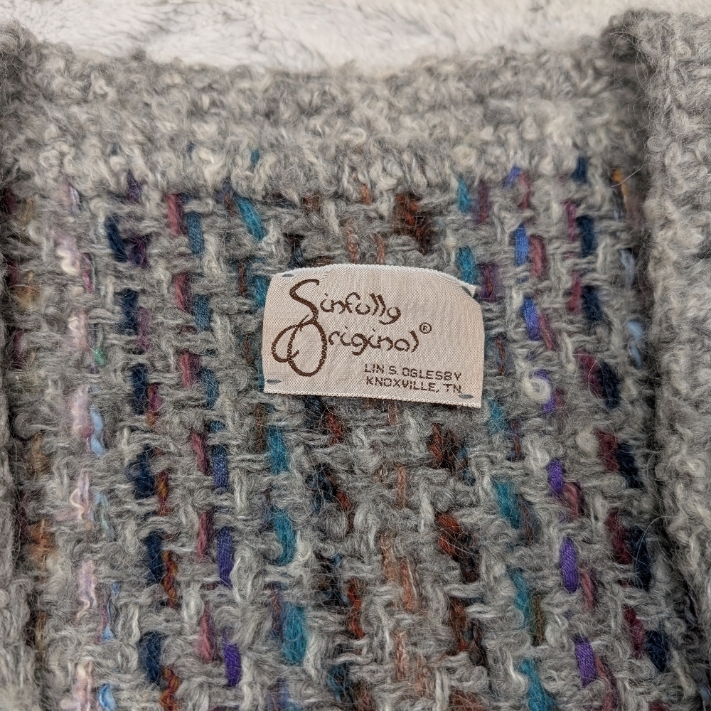 VTG Sinfully Original Sweater Womens L Gray Multi Knit Wool Chunky Cardigan Boho - Picture 3 of 7